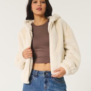 Forever 21 Faux Fur Plush Sherpa Cozy Hooded Bomber Zip Jacket, M